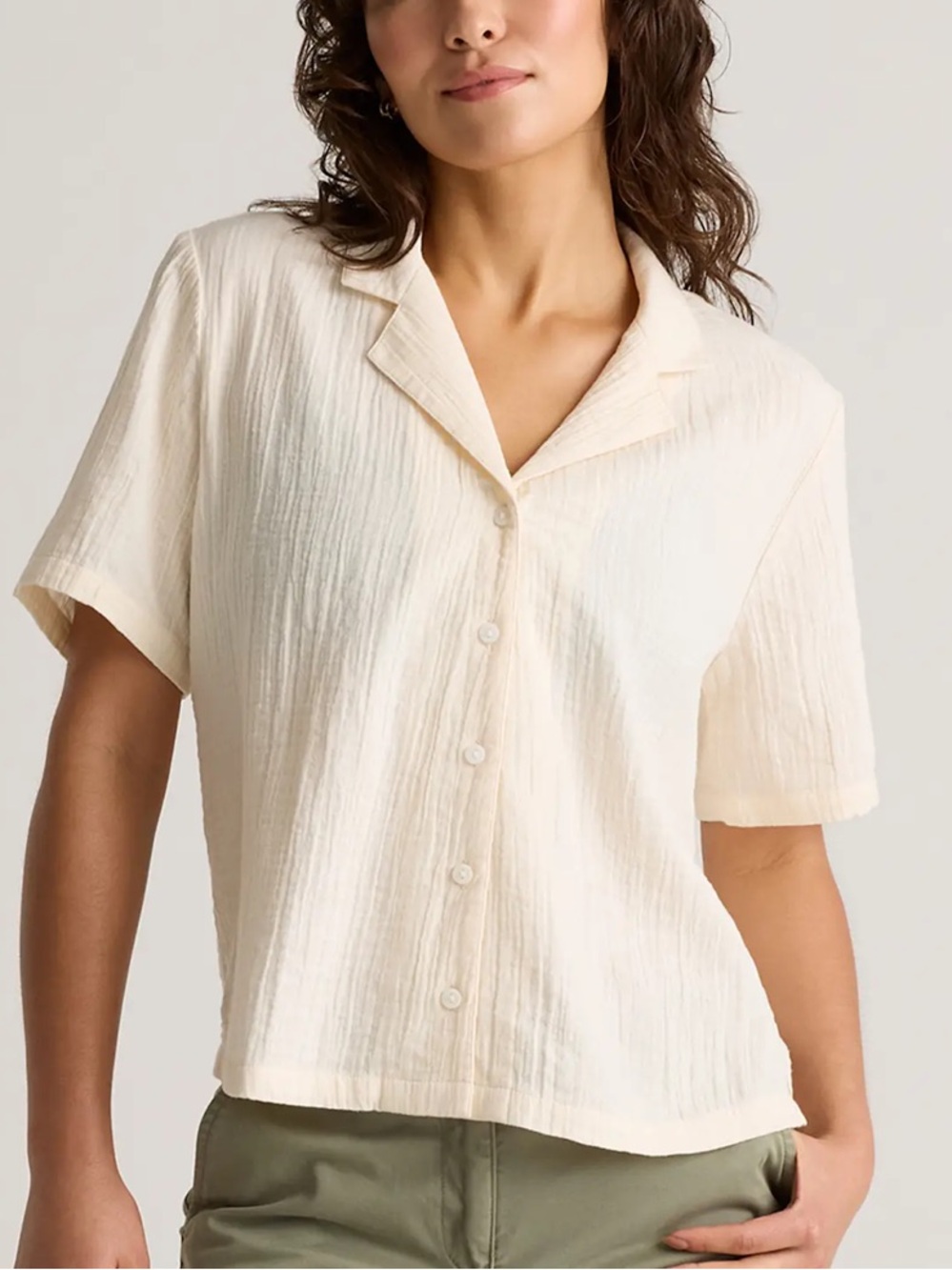 QUINCE 100% organic cotton gauze short sleeve button up shirt clr cream sz L
